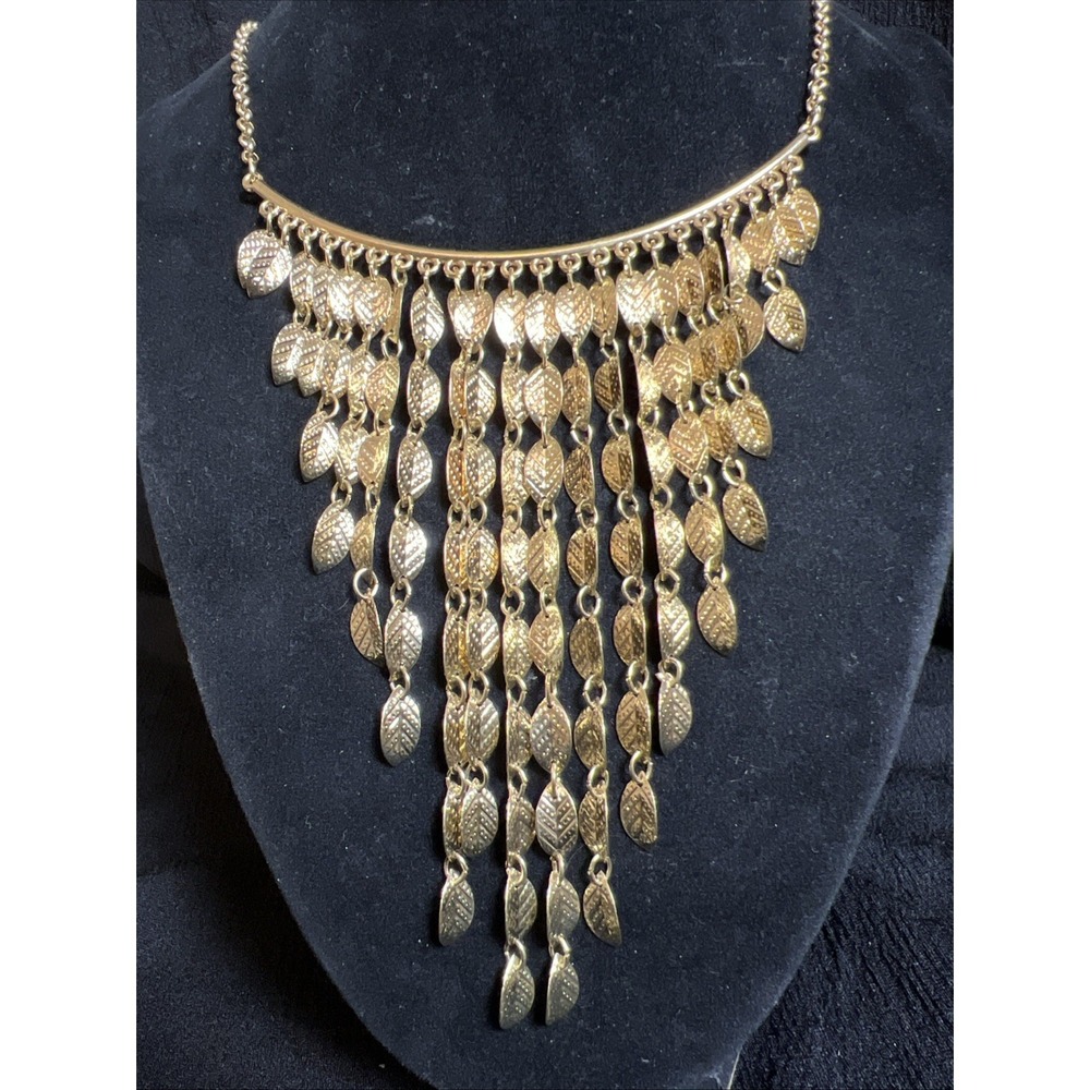 Gold Tone Cascading Leaf Statement Necklace Fringe Bib Bohemian Collar 16"